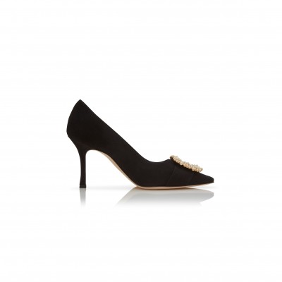 MANOLO BLAHNIK GIBOAUS BLACK SUEDE PEARL BUCKLE PUMPS 125-2895-0004